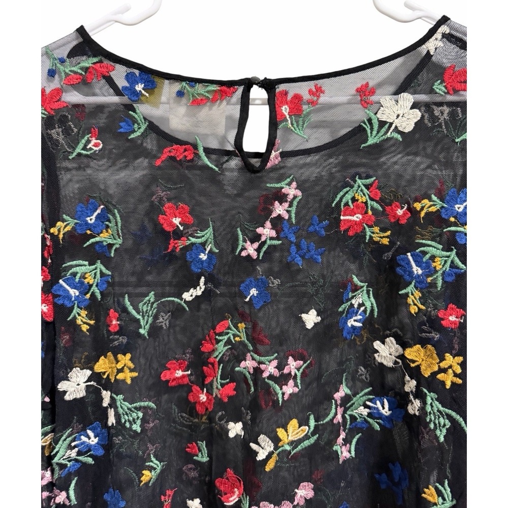 Anthropologie Maeve Meadows Black Sheer Colorful Embroidered Flowers Top Size M - Picture 4 of 11
